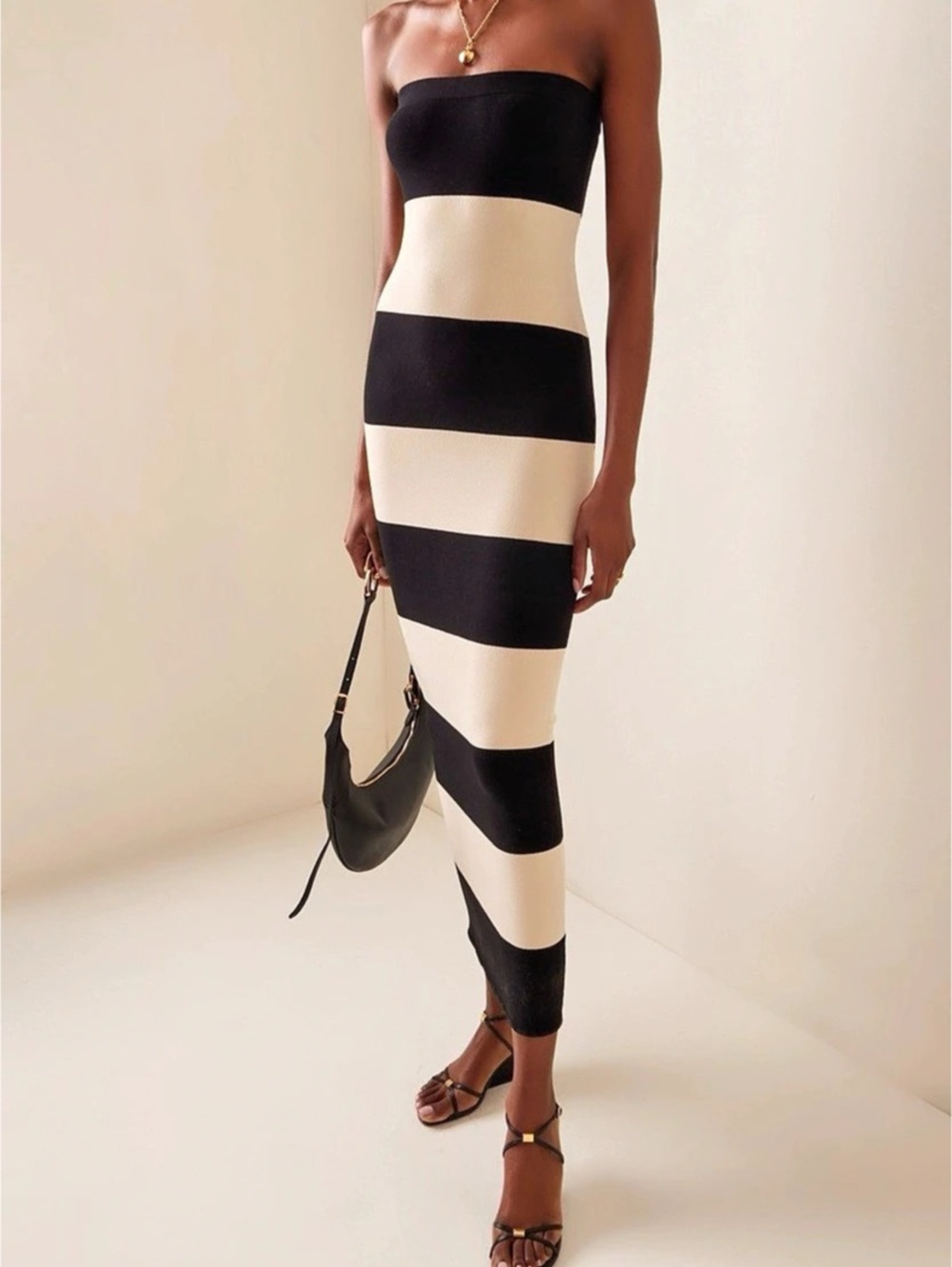 H&M Black Cream Striped Knit Bandeau Midi Dress Size 4